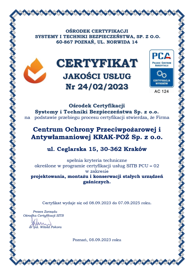 SITP PCA konserwacja stałych urządzeń gaśniczych Krak-Poż Sp. z o.o.
